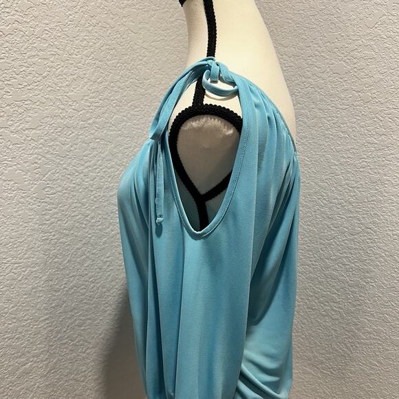 Vintage 90's Cache Light Blue Tie Shoulder 3/4 Sleeve Y2K Size Medium Wide Waist - Picture 3 of 8